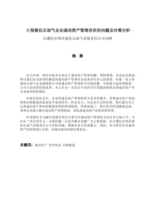 小型液化石油气企业速动资产管理存在的问题及对策分析—以遵化市明洋液化石油气有限责任公司为例  财务会计学专业