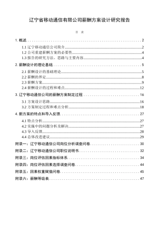 省移动通信有限公司薪酬方案设计研究报告 人力资源管理专业