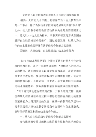 大班幼儿自主性游戏促进幼儿合作能力的实践研究分析  学前教育专业