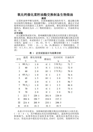 氧化钙催化菜籽油酯交换制备生物柴油分析研究   生物技术专业