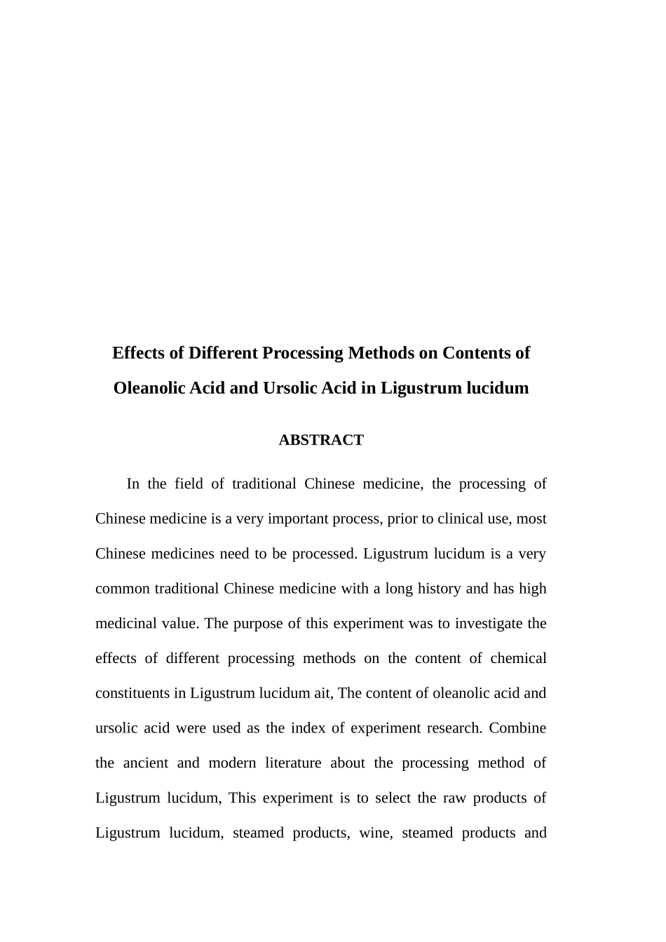不同炮制方法对女贞子齐墩果酸和熊果酸含量的影响分析研究 生物技术专业_第3页