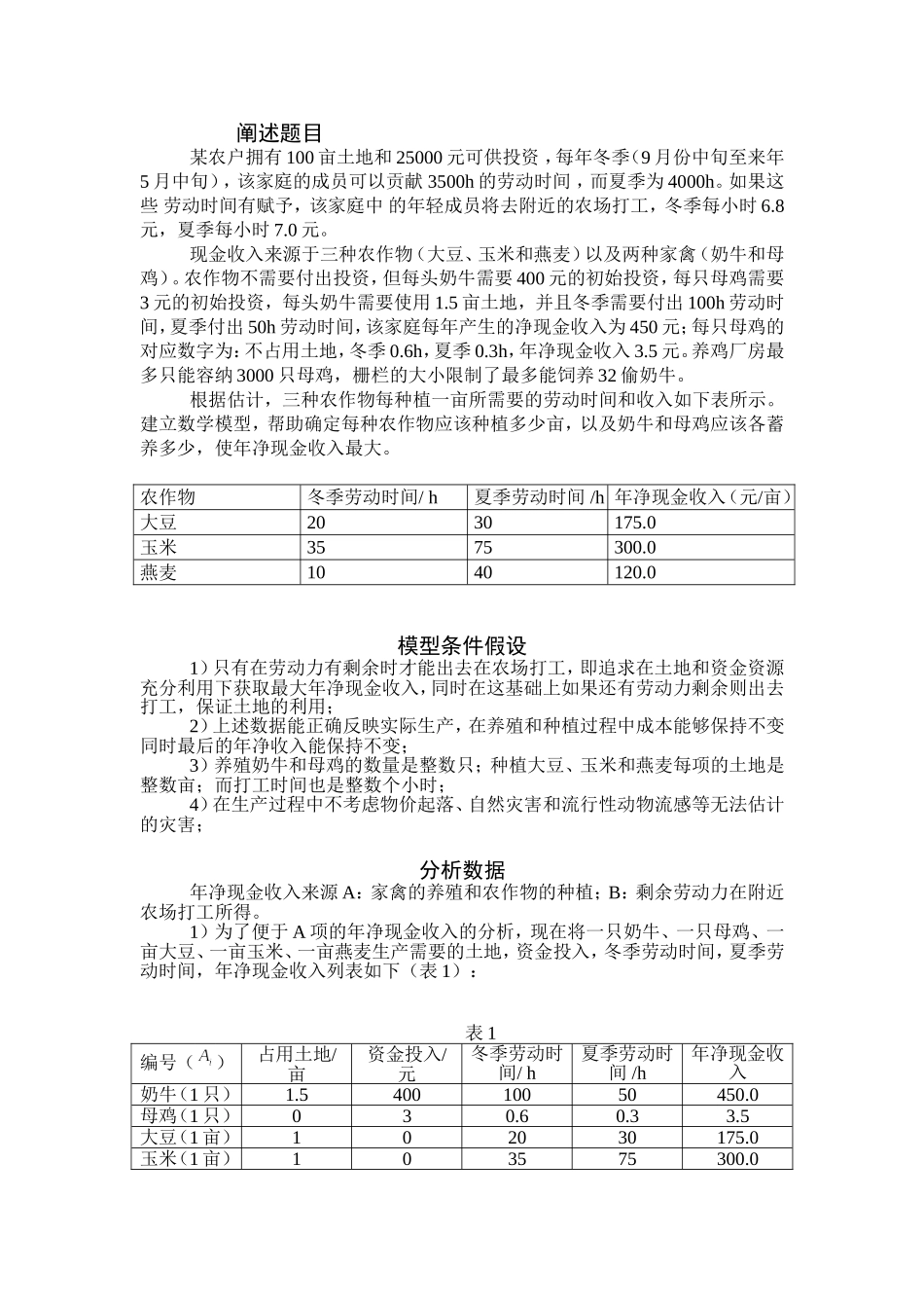 农业生产规划模型设计和实现  应用数学专业_第1页