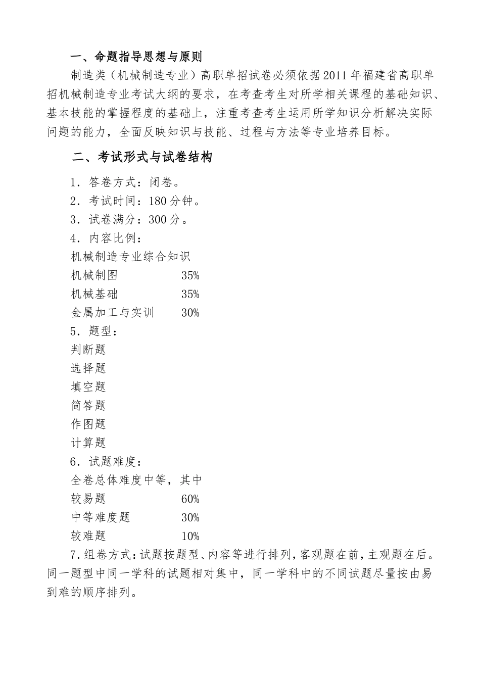福建省高职单招制造类（机械制造专业）考试说明_第1页