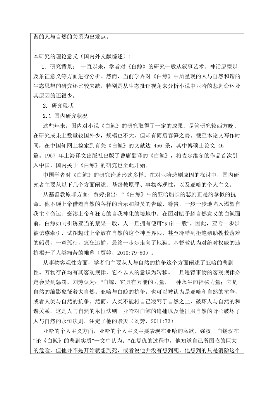 从生态批评视角分析《白鲸》中亚哈的悲剧命运分析研究  开题报告书_第2页