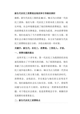 新生代农民工消费观念现状和引导路径探析分析研究   工商管理专业