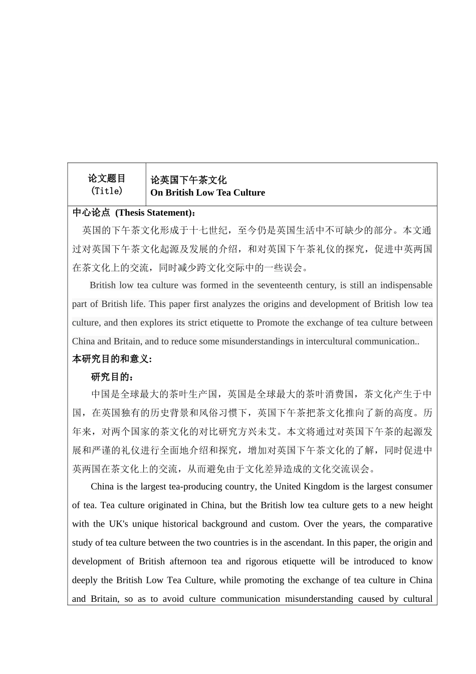 论英国下午茶文化分析研究 开题报告_第1页