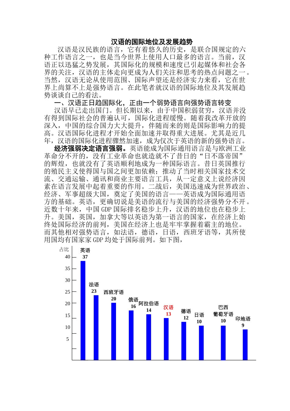 汉语的国际地位及发展趋势分析研究  汉语言文学专业_第1页