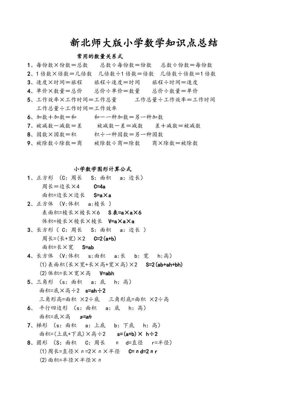 2024年北师大版小学数学知识点总结_第1页