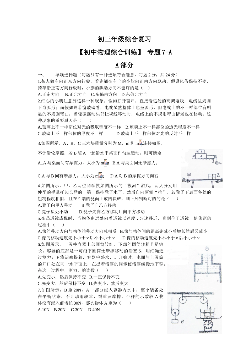 2024年初中物理综合训练自主招生考试  专题7A_第1页