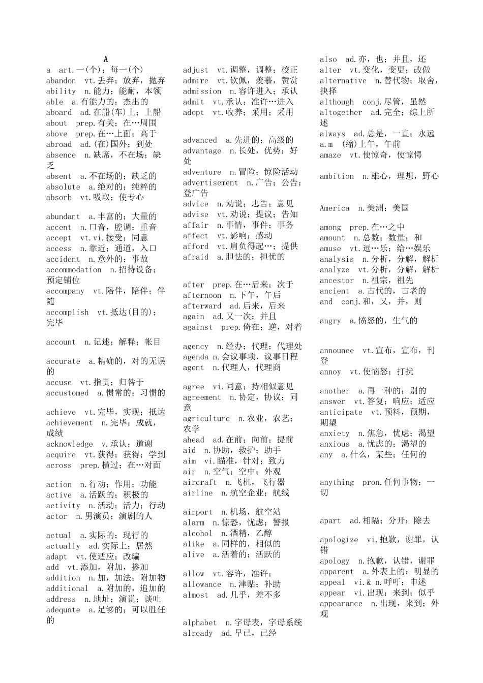 2024年高等学校英语应用能力A级必备词汇_第1页