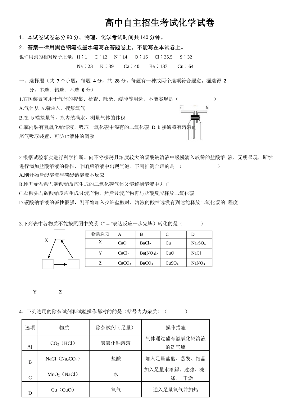 2024年高中自主招生考试化学检测试题 _第1页