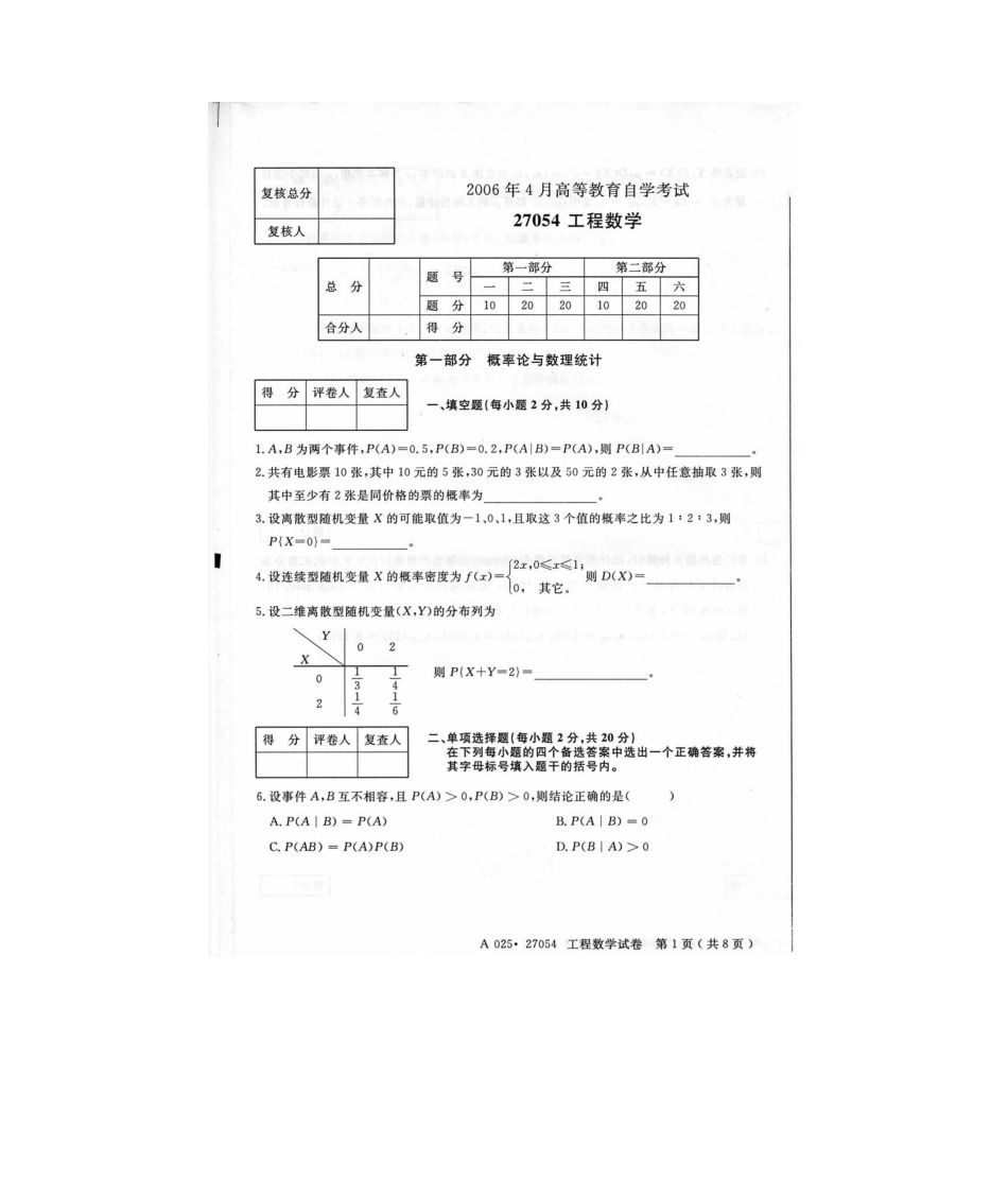 2024年工程数学27054江苏自考真题试卷_第1页
