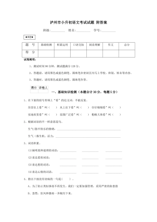 2024年泸州市小升初语文考试试题附答案