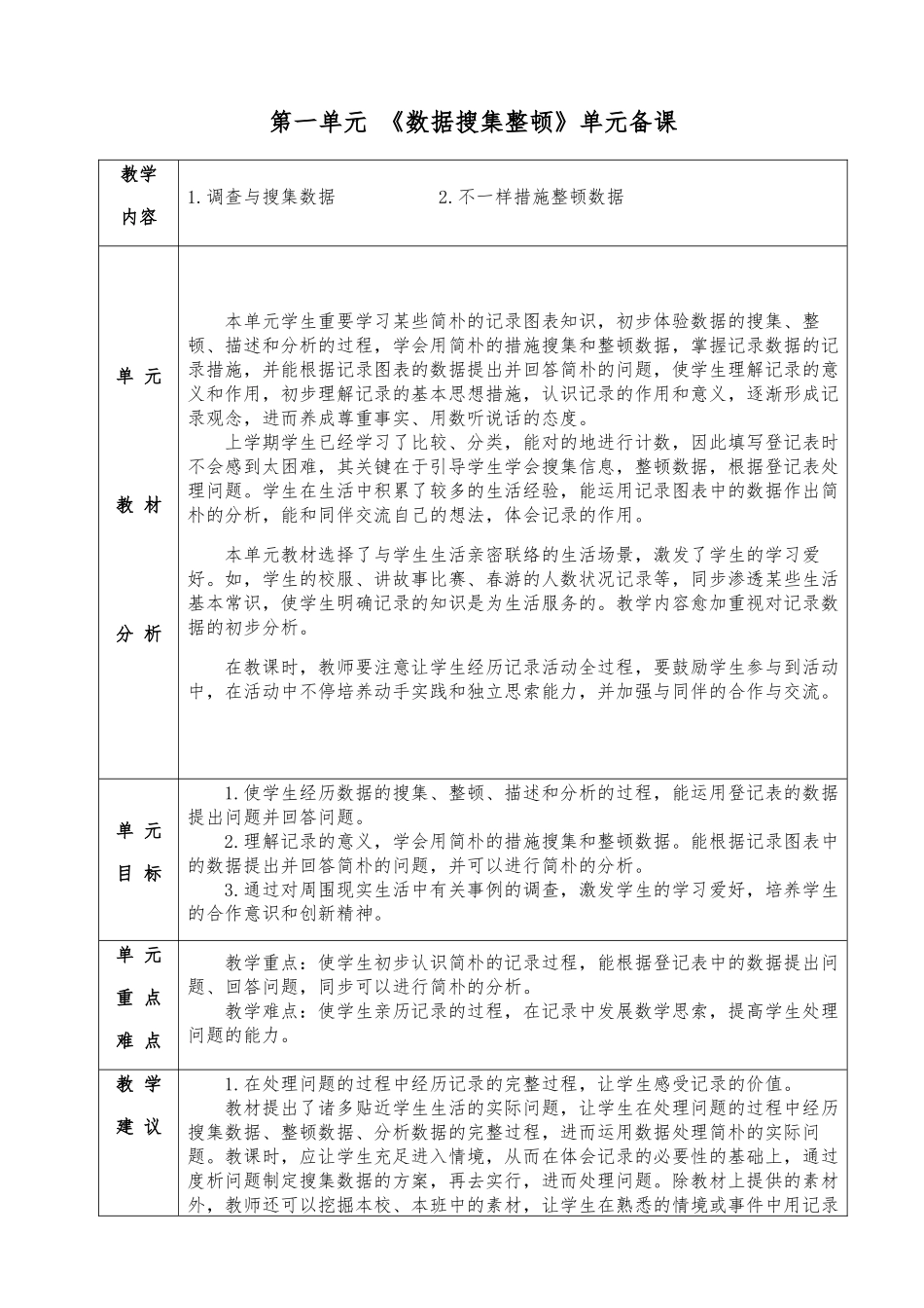 2024年人教版小学数学二年级下册第一单元数据收集整理全单元备课_第1页