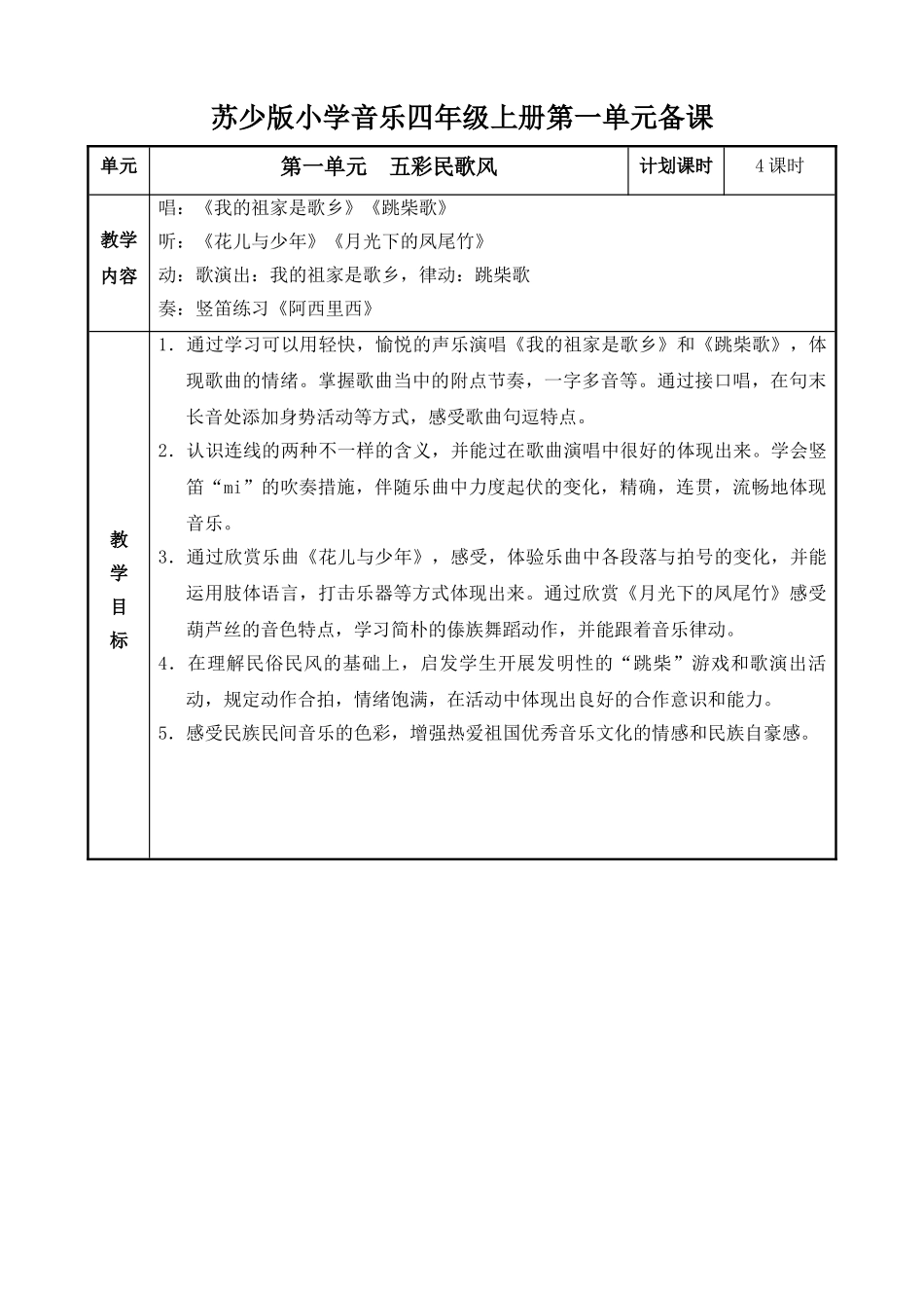 2024年苏少版小学音乐四年级上册全册教案_第1页