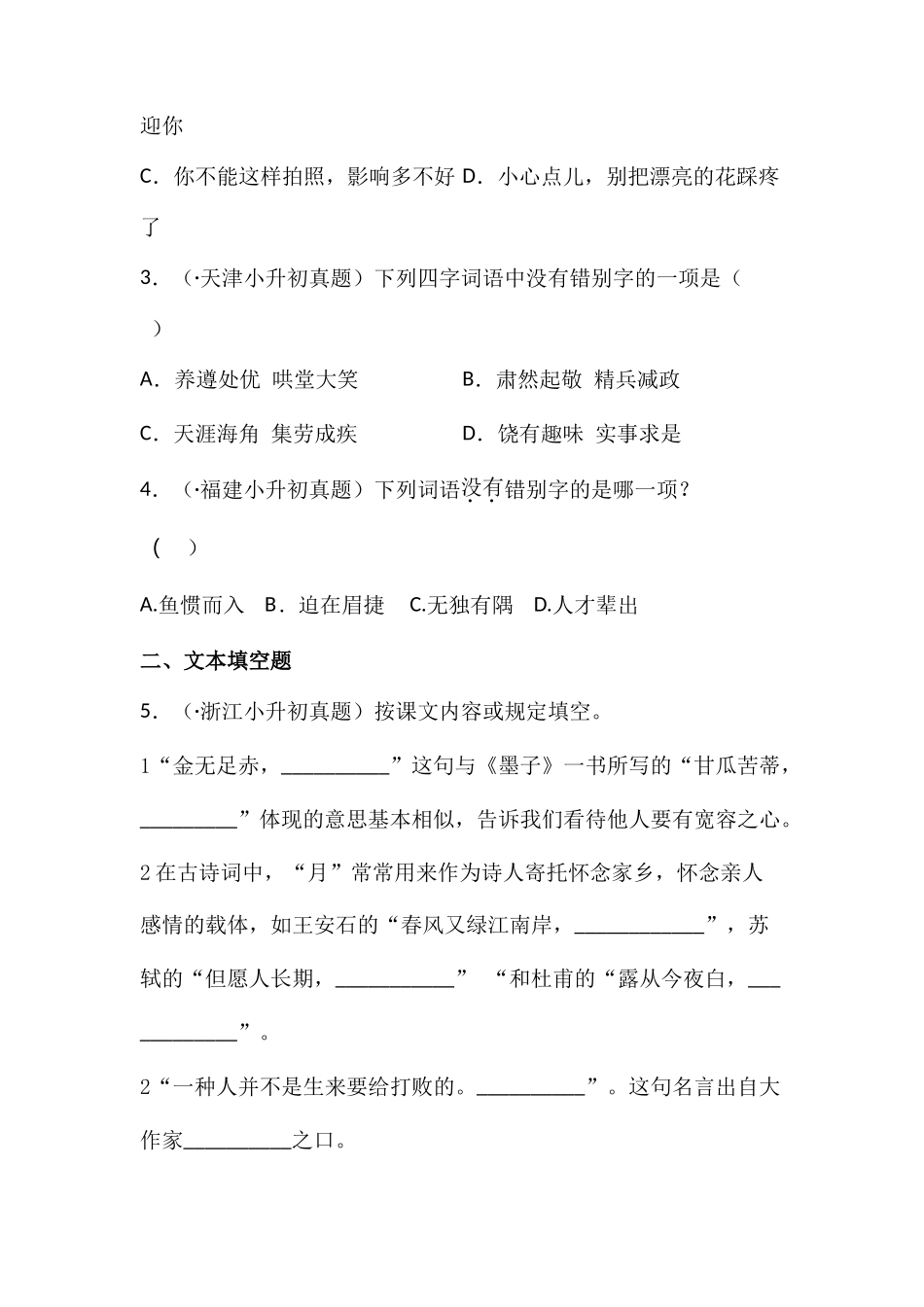 2024年小升初语文全真模拟试卷四_第2页