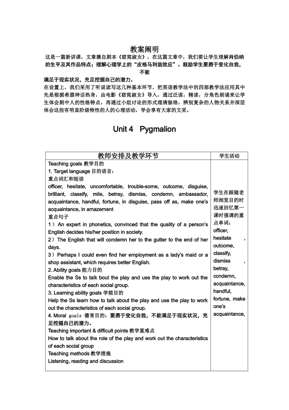 2024年新人教版选修八Unit4 Pygmalion全单元教案_第1页