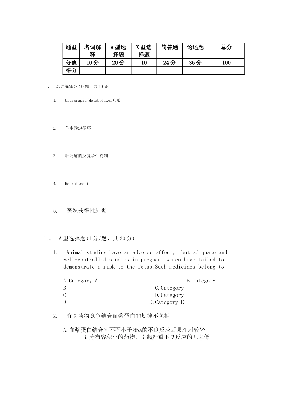 2024年药学专业临床药理学期终考试试卷_第1页