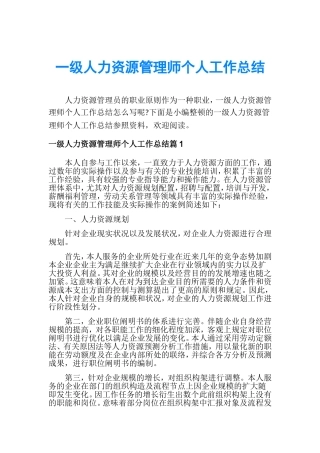 2024年一级人力资源管理师个人工作总结