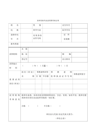 2024年医师资格考试试用期考核证明