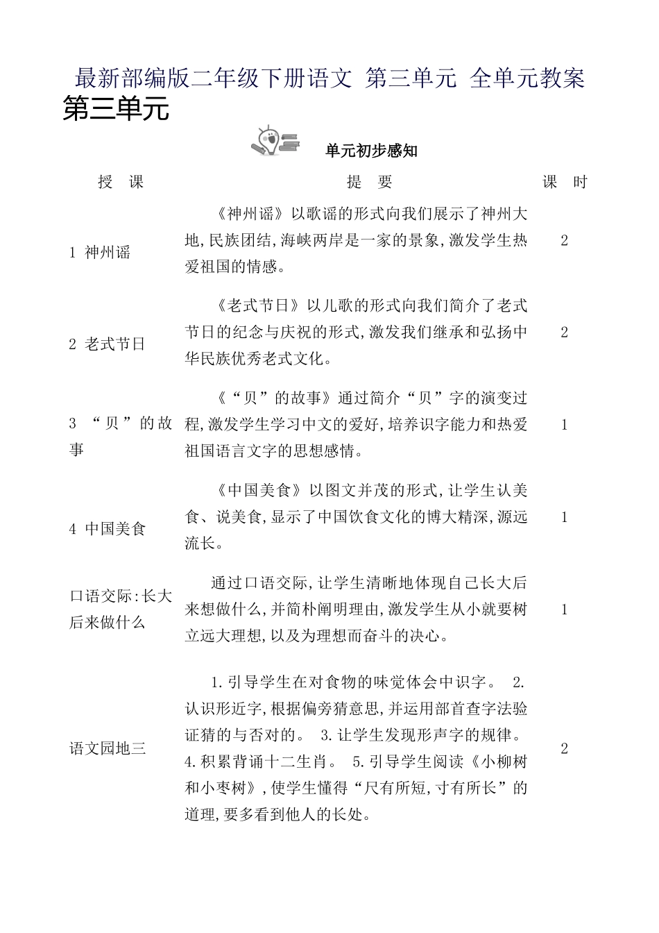 2024年最新部编版二年级下册语文第三单元全单元教案_第1页