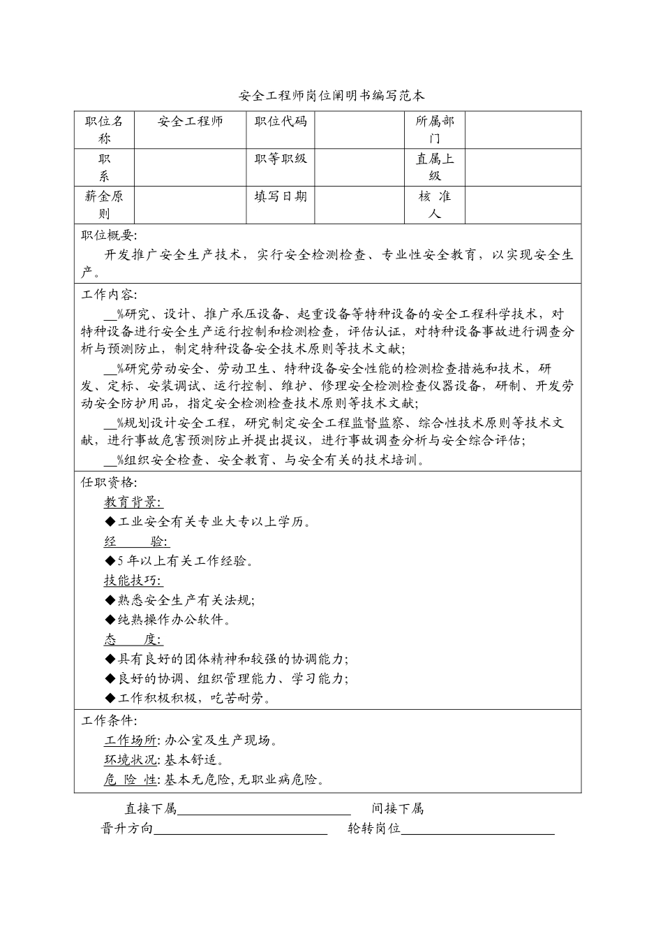 2024年安全工程师岗位说明书编写范本_第1页