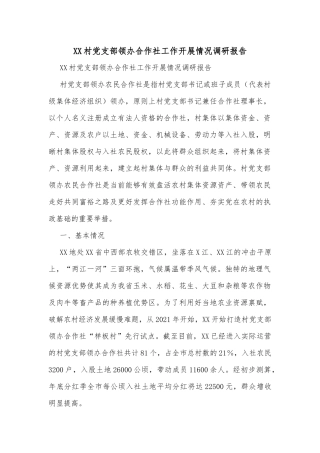 XX村党支部领办合作社工作开展情况调研报告