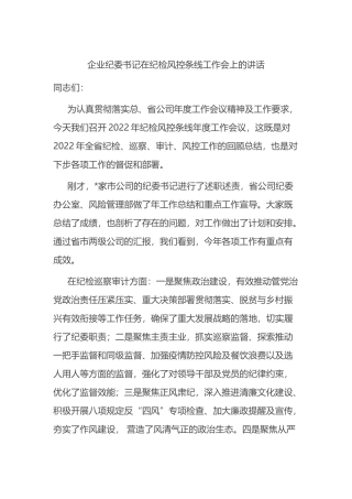 企业纪委书记在纪检风控条线工作会上的讲话
