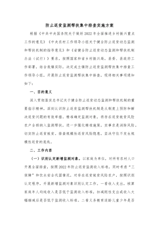 防止返贫监测帮扶集中排查实施方案