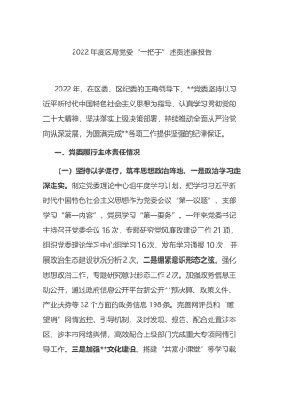 2022年度区局党委“一把手”述责述廉报告