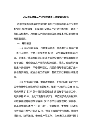 2022年全面从严治党主体责任落实情况报告