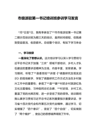 市级派驻第一书记培训班参训学习发言