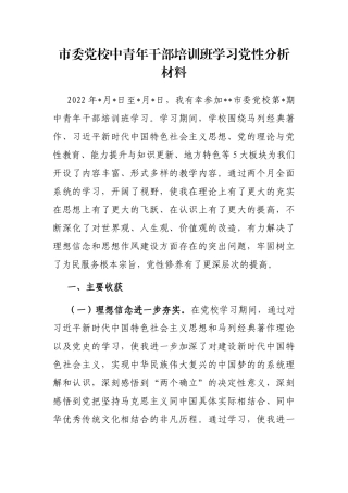 市委党校中青年干部培训班学习党性分析材料