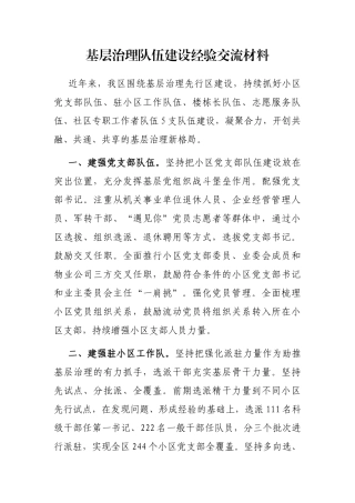 基层治理队伍建设经验交流材料