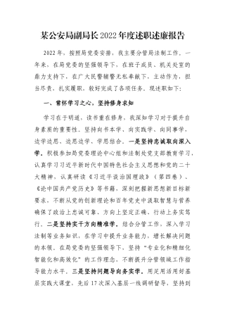 某公安局副局长2022年度述职述廉报告