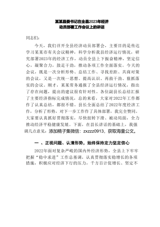 某某县委书记在全县2023年经济动员部署工作会议上的讲话