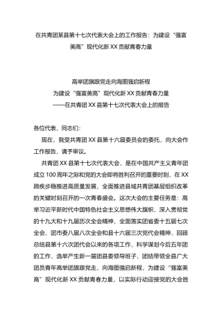 在共青团某县第十七次代表大会上的工作报告