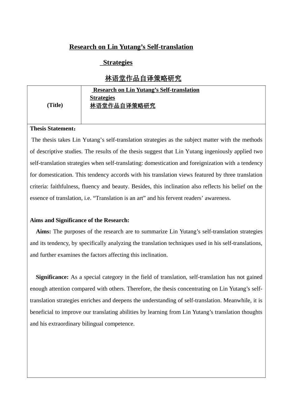 林语堂作品自译策略研究开题报告 英语_第1页