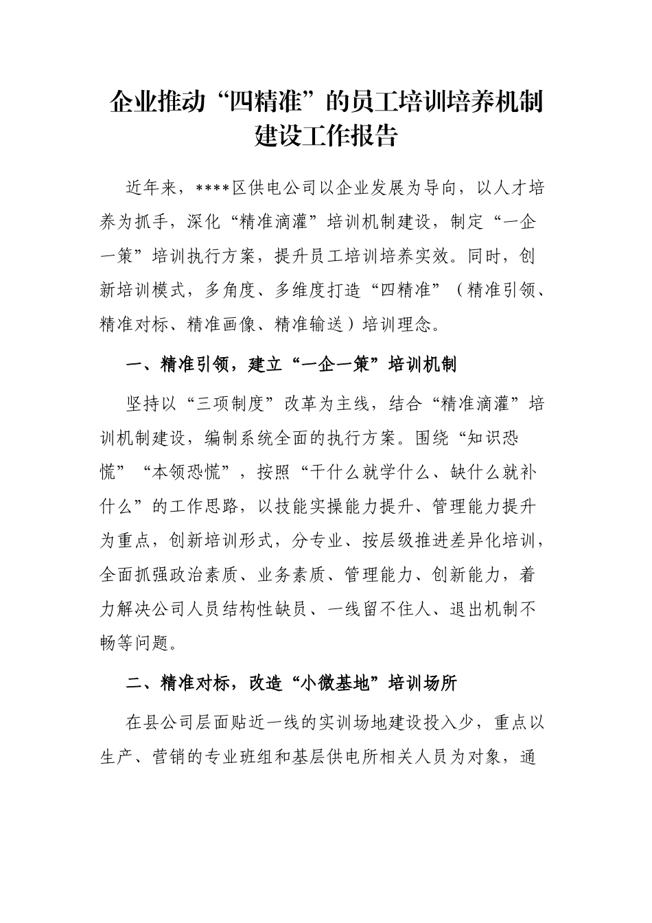 企业推动“四精准”的员工培训培养机制建设工作报告_第1页