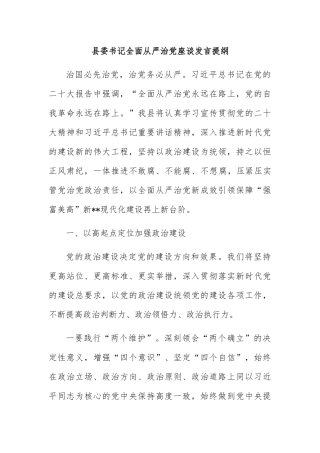 县委书记全面从严治党座谈发言提纲