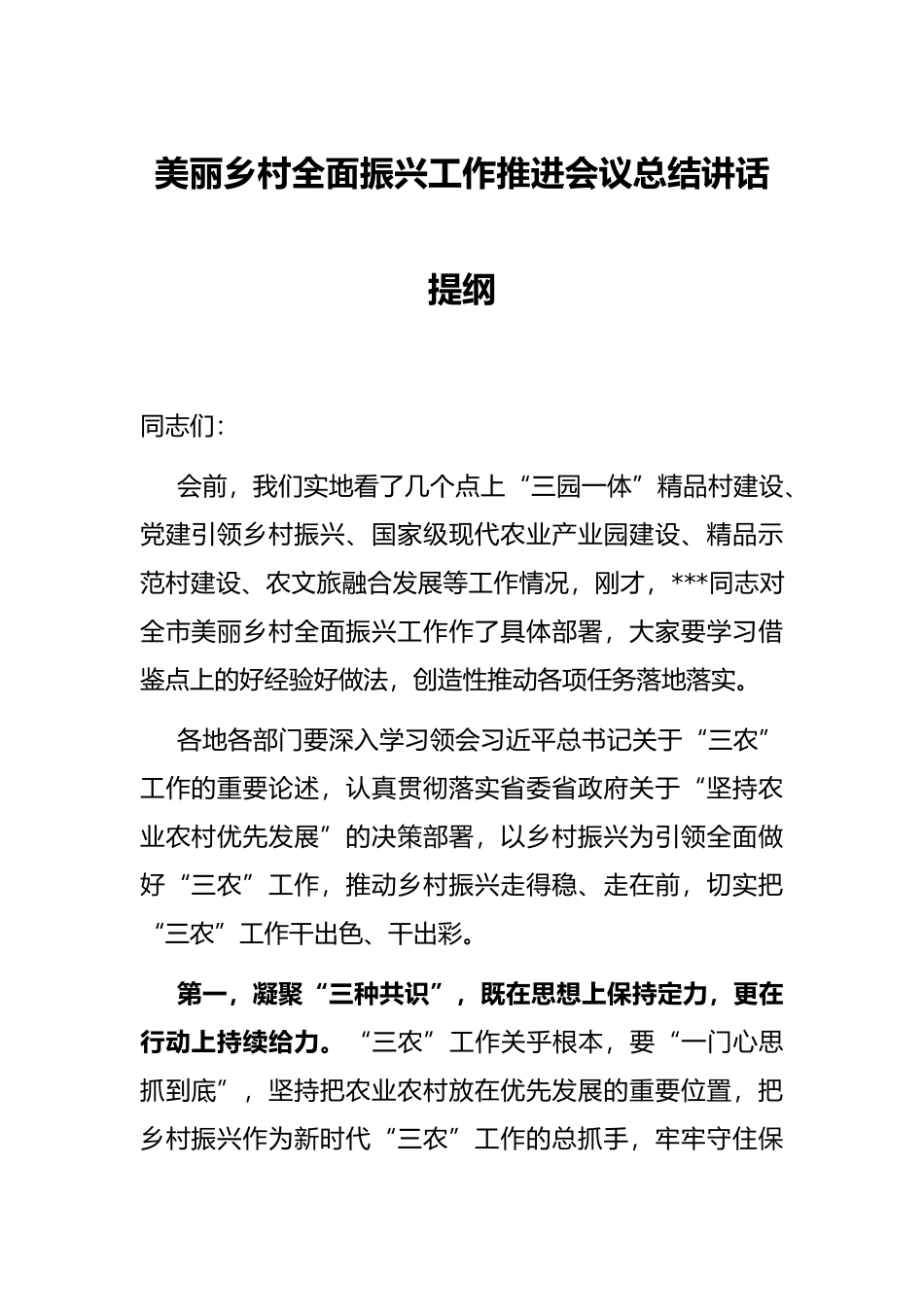 美丽乡村全面振兴工作推进会议总结讲话提纲_第1页