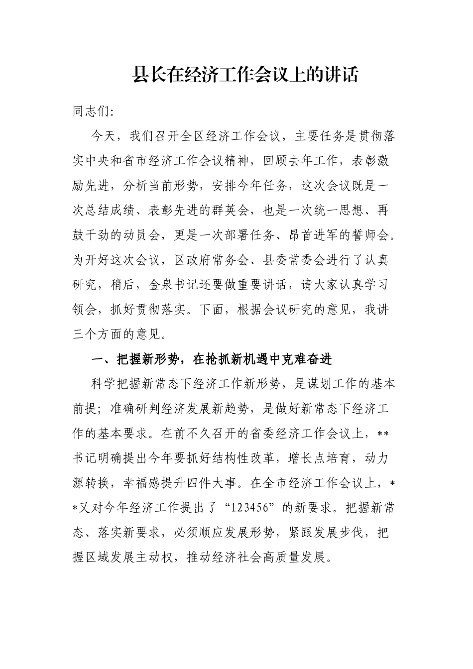 县长在经济工作会议上的讲话_第1页