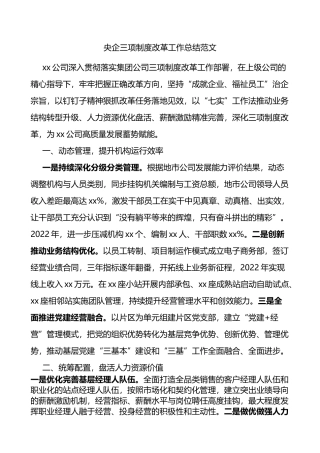 央企三项制度改革工作总结范文