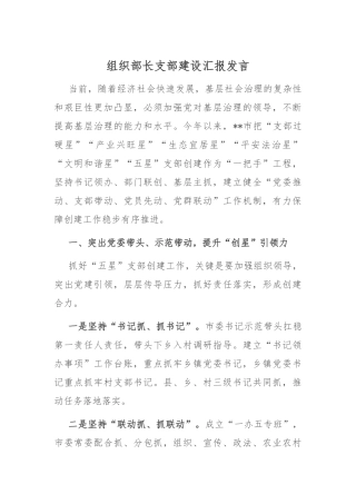 组织部长支部建设汇报发言
