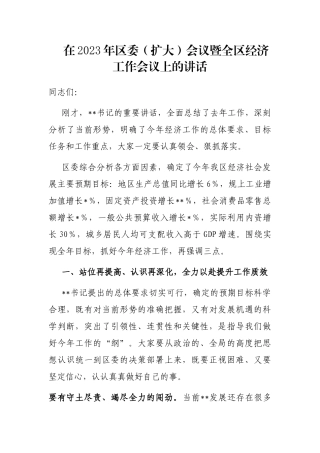 在2023年区委（扩大）会议暨全区经济工作会议上的讲话
