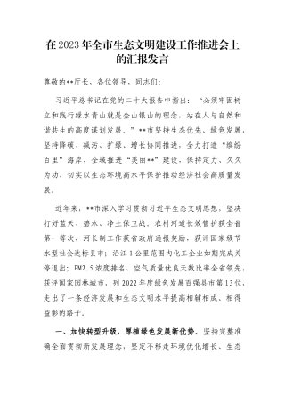 在2023年全市生态文明建设工作推进会上的汇报发言