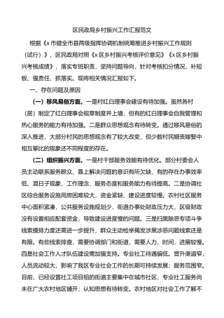 区民政局乡村振兴工作汇报范文存在问题原因打算工作总结报告