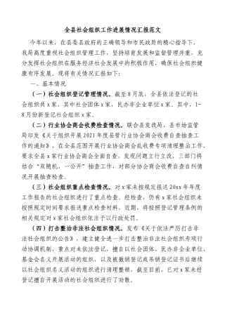 全县社会组织工作进展情况汇报工作汇报总结报告含问题和计划