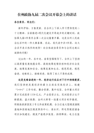 在州政协九届二次会议开幕会上的讲话