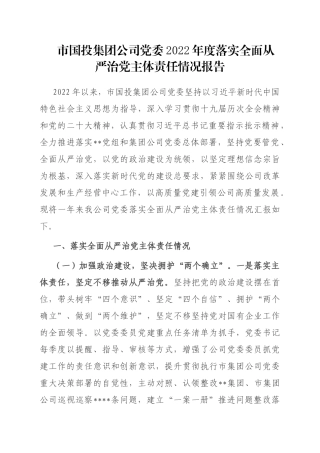 市国投集团公司党委2022年度落实全面从严治党主体责任情况报告